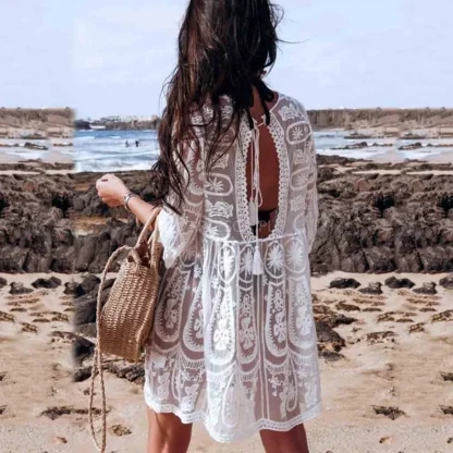 Backless Sheer Lace Swimsuit Cover Up - Image 3