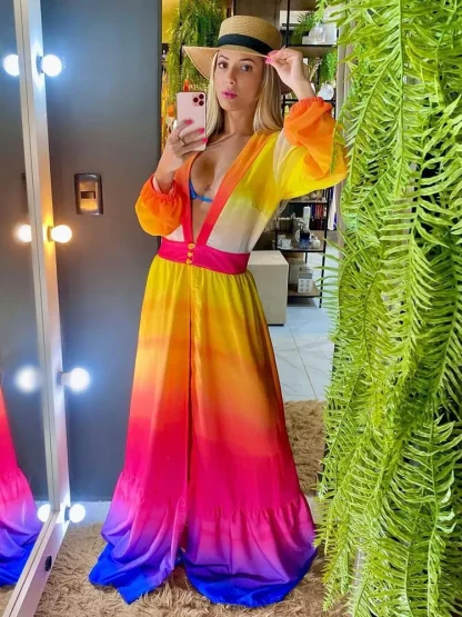 Gradient V-neck Dress Swimsuit Cover Up - Image 3