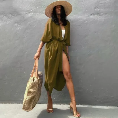 Solid Long Cardigan Swimsuit Cover Ups - Image 3