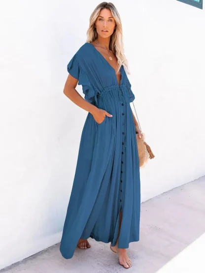 Solid V-neck Dress Swimsuit Cover Up - Image 5