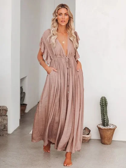 Solid V-neck Dress Swimsuit Cover Up - Image 3