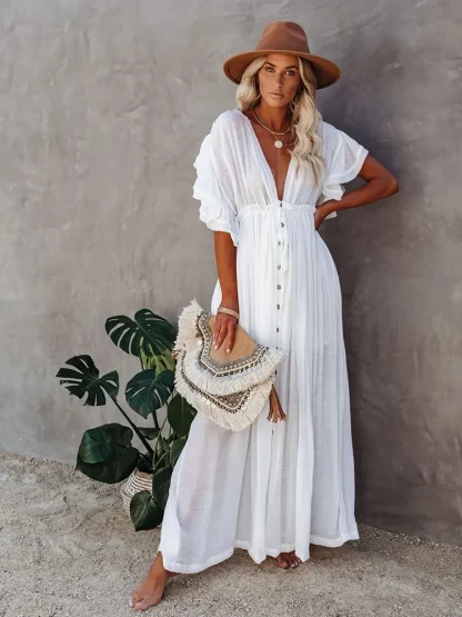 Solid V-neck Dress Swimsuit Cover Up